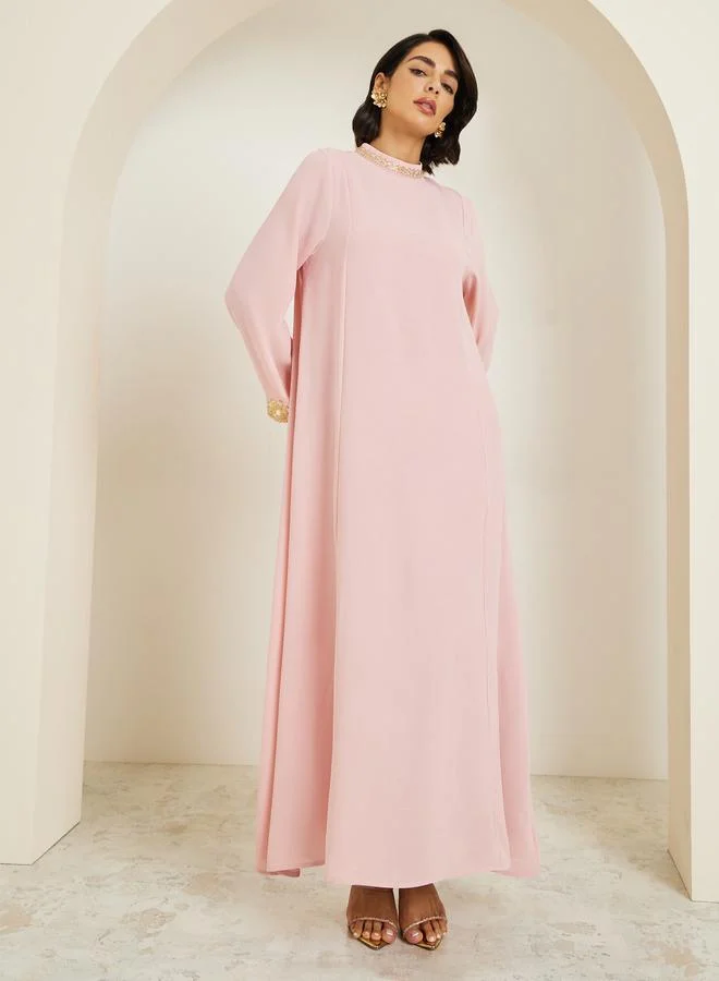 Amirah Women Lace Trim Flared Sleeve Jalabiya